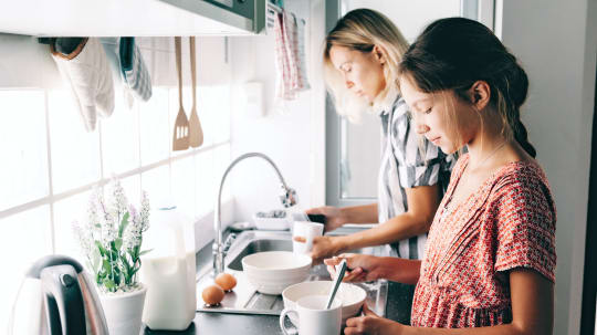 Mom and daughter cooking