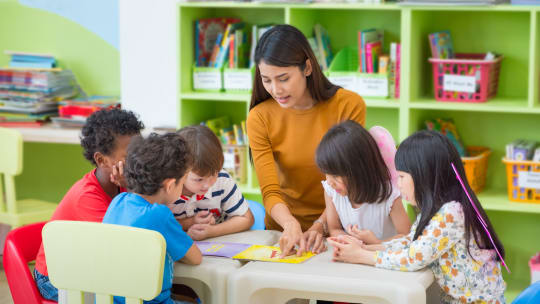 teacher working with elementary school students