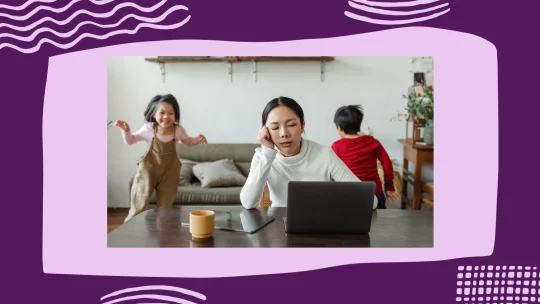 woman working from home with kids running around