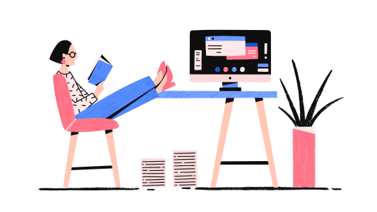 woman sits at desk