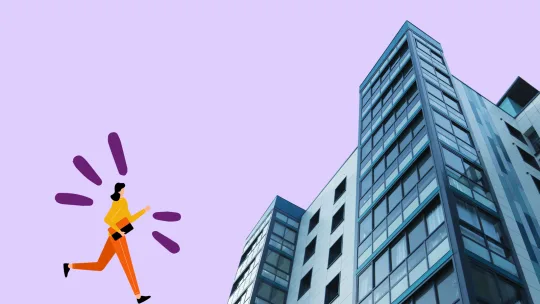 woman happily walking toward an office building