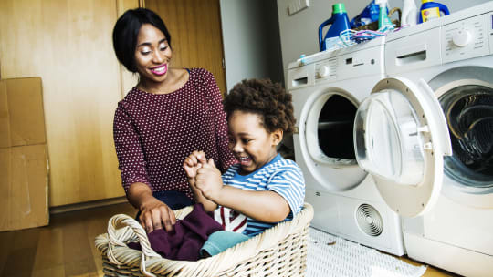 Mom and son doing chores