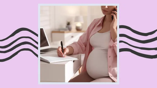 a pregnant woman jotting down notes