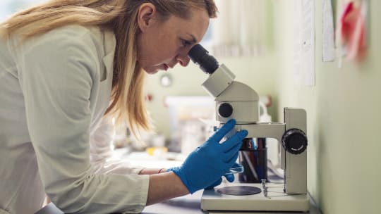 woman looking into a microscope