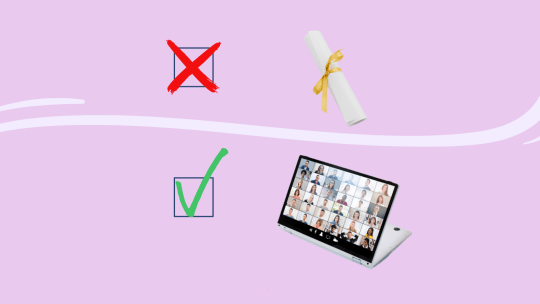 X marked checkbox next to a degree, and check mark next top laptop screen with people