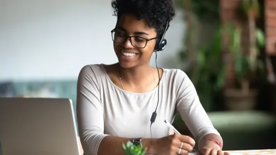 woman remote work happy