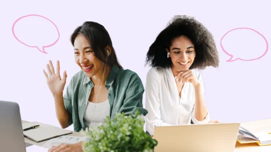 two women talking virtual meeting