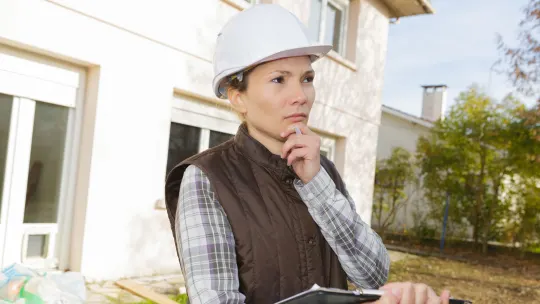 home inspector standing outside of house with a clipboard