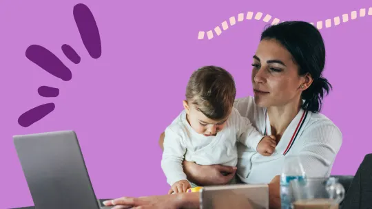 a mom working on her laptop with a baby 