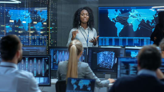Female scientist leading meeting