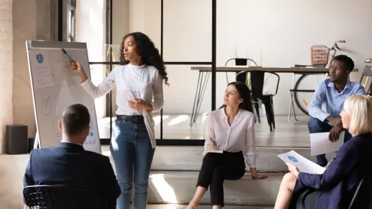 leader explaining sticky note system to employees