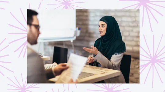a woman participating in an interview.