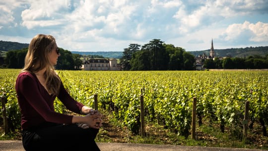 Woman looking at a vineyard
