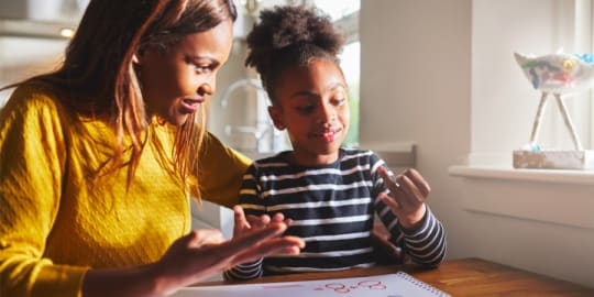 Mom and daughter doing schoolwork