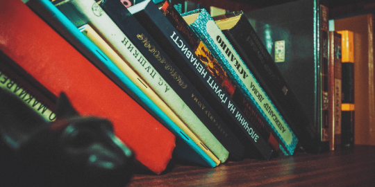 Row of slanted books on a shelf