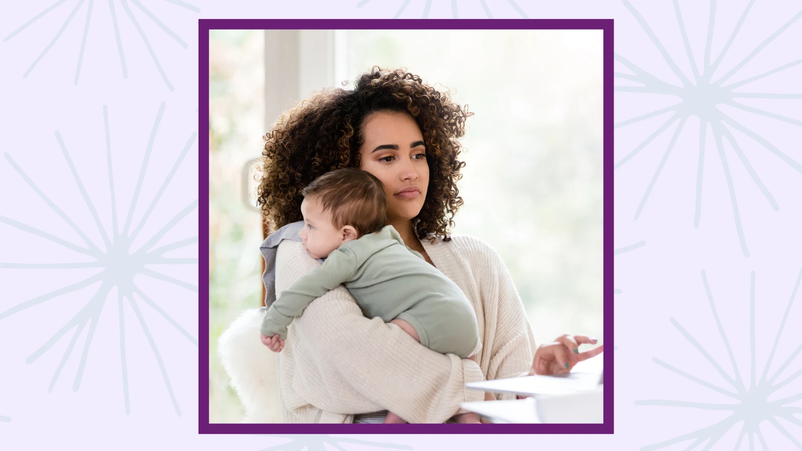 a mom trying to work while holding their newborn.