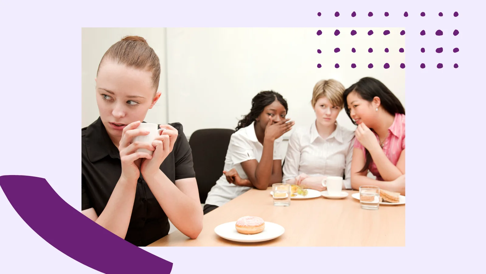 a group of women gossiping about another woman at work