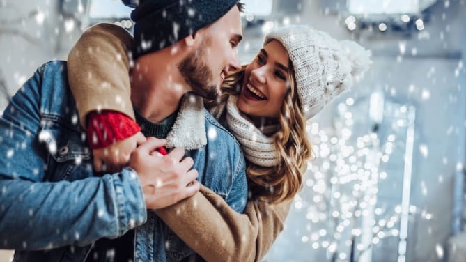smiling couple hiking