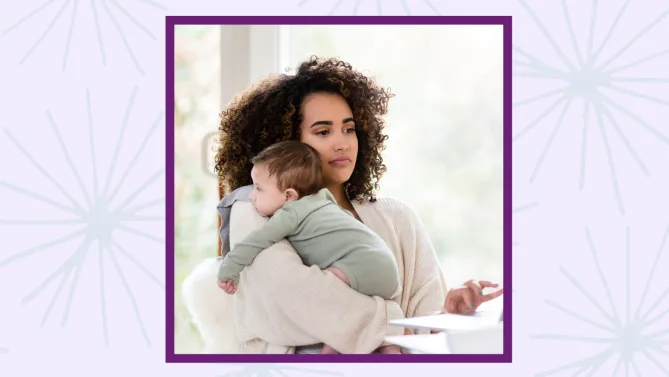 a mom trying to work while holding their newborn.