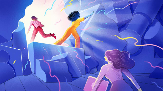 Graphic of three women in a blue, geometric environment.