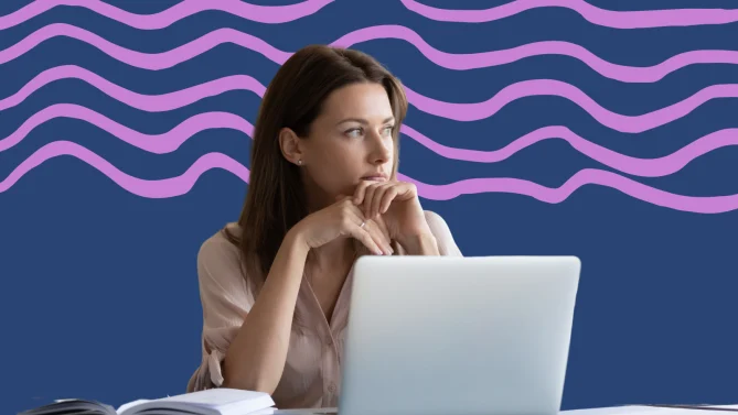 a woman looking off into the distance. a laptop is pictured in front of her.