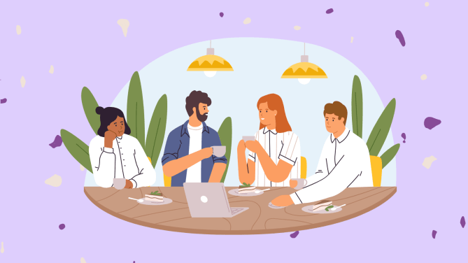 Art showing four coworkers at a table.