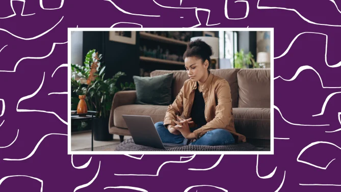 woman working remotely on couch