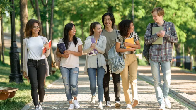 group of college students walking to class