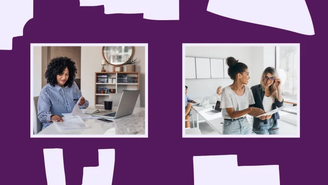 woman working from home and two coworkers working together in an office.