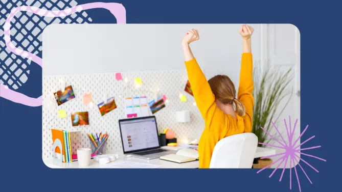 a woman celebrating at work