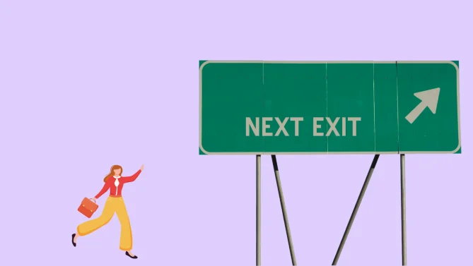 woman running toward exit sign