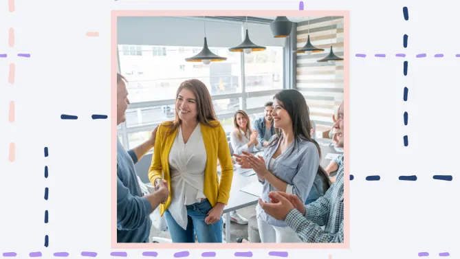 a group of people congratulating a woman on her promotion