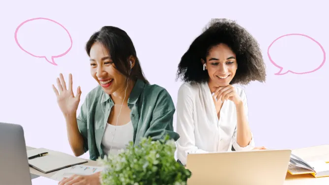 two women talking virtual meeting
