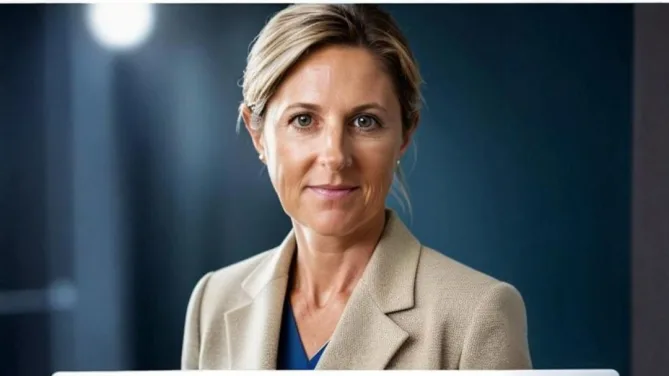 Svetlana is standing inside an office, in a tan jacket, smiling. 