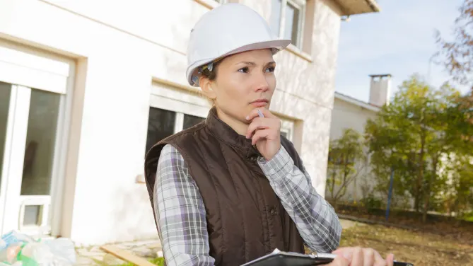 home inspector standing outside of house with a clipboard