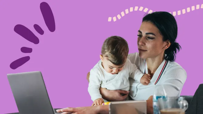 a mom working on her laptop with a baby 