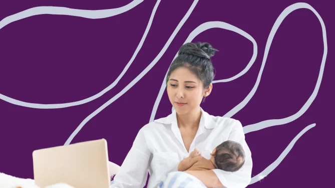 a mom working with a baby in her arms