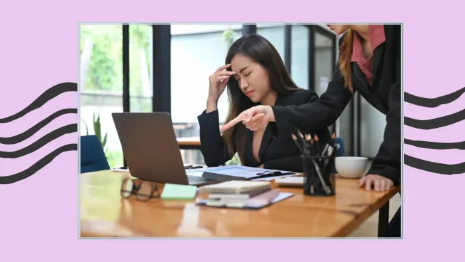 a woman getting a headache from her demanding boss