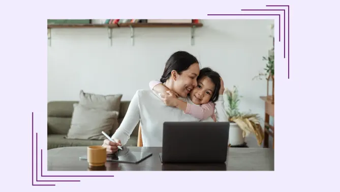 a mom working with her child next to her