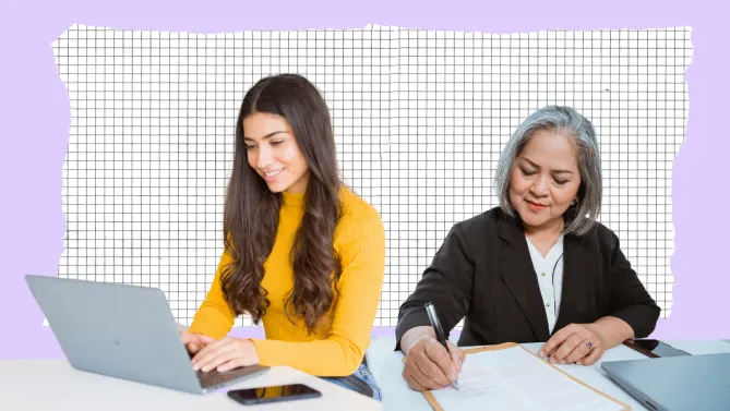 younger worker explaining something to older worker, who appears frustrated