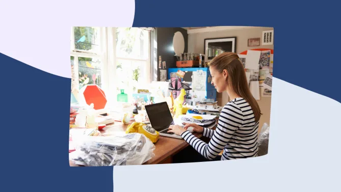 woman working from home messy desk