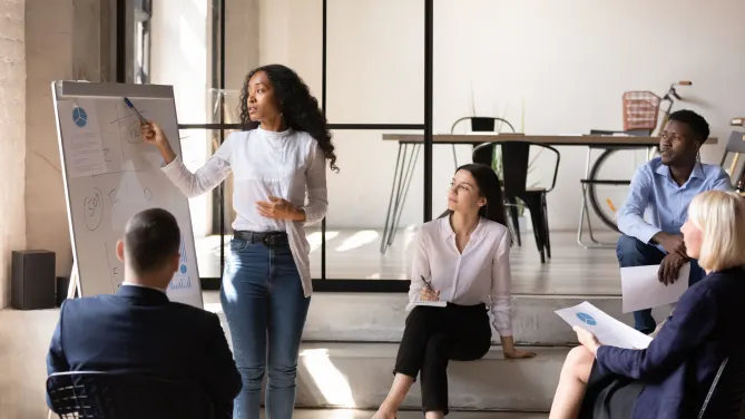 leader explaining sticky note system to employees