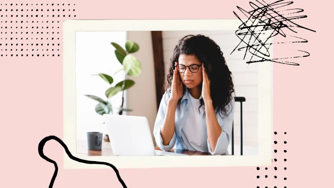 woman in an office with windows gesturing toward a computer