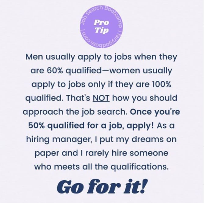 Our President & Co-founder Romy Newman graced us with this gem: If you're at least 50% qualified for the job, apply, apply, a...
