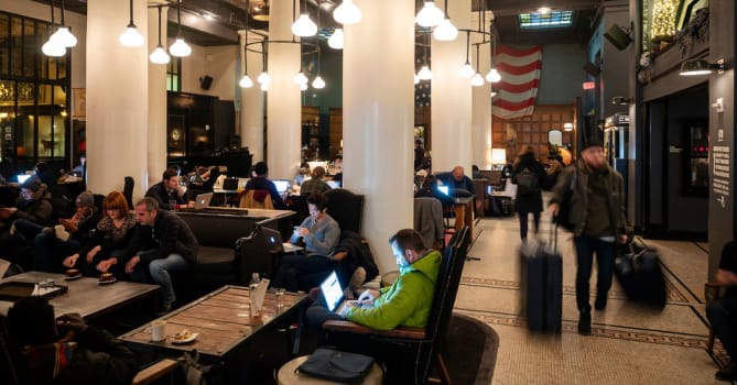 Hotel lobbies as free co-working spaces.