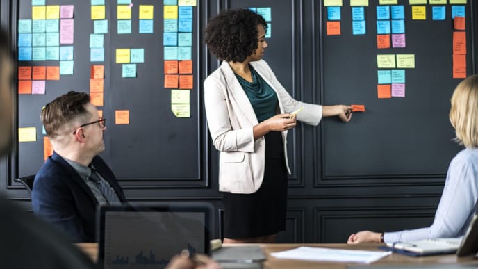 Meeting, seated, in front of standing woman and wall of post-it notes