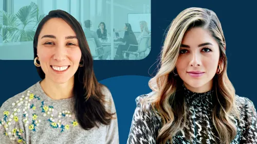 Two women, each with long dark hair against a graphic blue background.