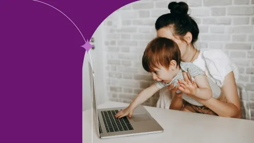 mother and son working.. son typing in the keyboard, surprised, excited
