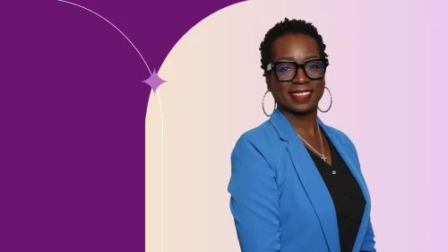 Siatta Ollison in a blue blazer, smiling against a yellow and purple gradient background.