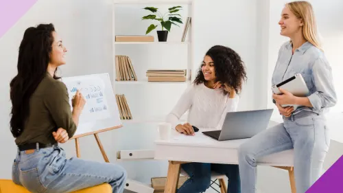 Three woman in a work meeting, one of them is talking, illustrating the importance of learning  how to pitch ideas with confidence